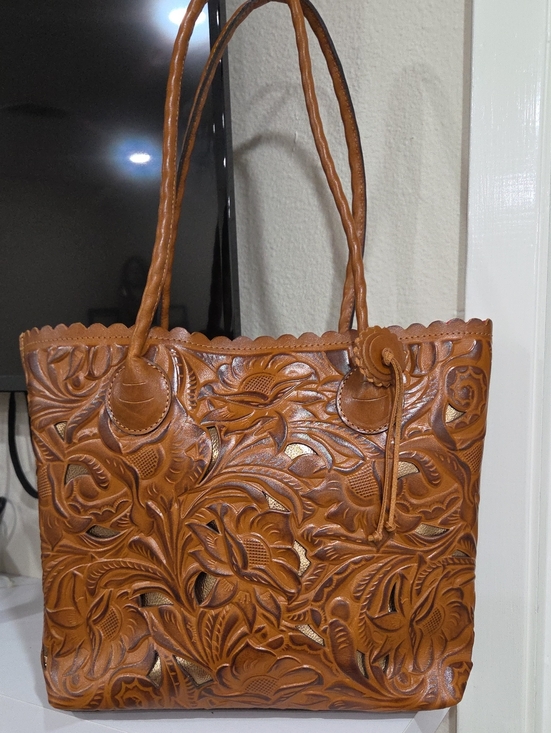 Patricia Nash Handbags - Patricia Nash Large Handcrafted Brown Floral Tooled Leather Tote Bag 13x11x5